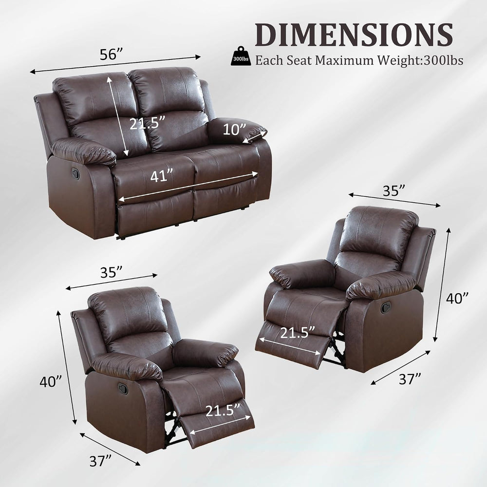 Faux Leather Manual Recliner Sofa Set, 3 Piece Living Room Furniture Set, Lov...