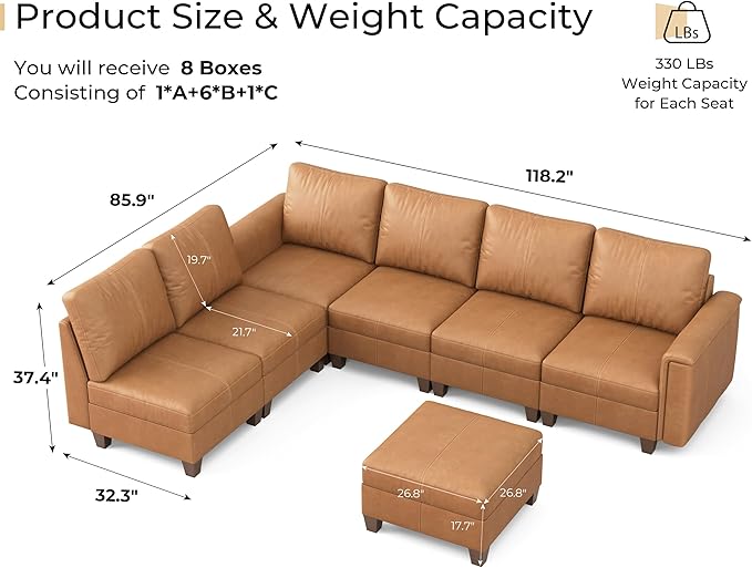 SITJOY 118" Faux Leather Modular Sectional Sofa with Storage, Mid Century Modern Sectional Couches for Living Room, Soft Padded Armrests, 7 Seat L Shaped Couch with Ottoman, Brown