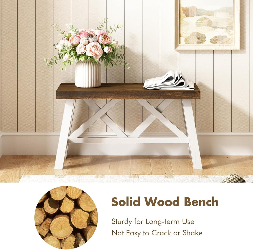 Wnutrees 30" Farmhouse Solid Wood Bench, Rustic Entryway Bench, White | ...