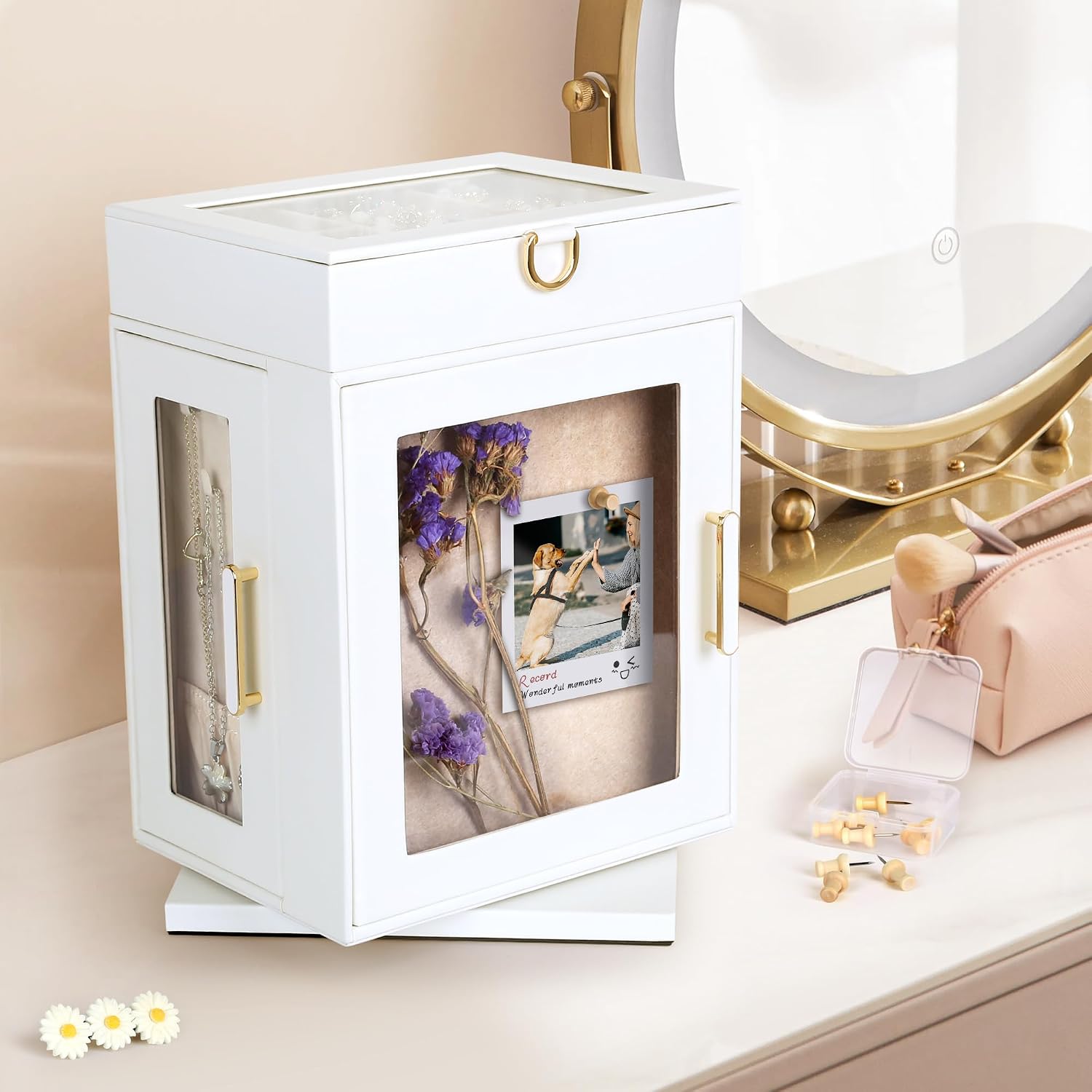 Kendal 360° Rotating Jewelry Box - White PU Leather Jewelry Organizer with Shadow Box & Pinboard, Detachable Top Tray, Drawers & Push Pins for Personalized Accessory Display & Storage