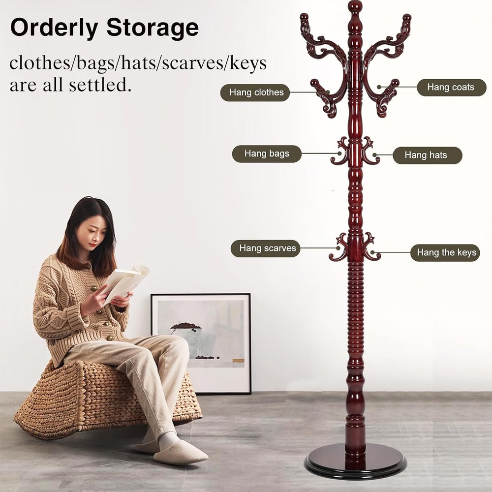Wooden Coat Rack Freestanding, Hall Tree Hanger With Resin Hooks, Adjustable ...