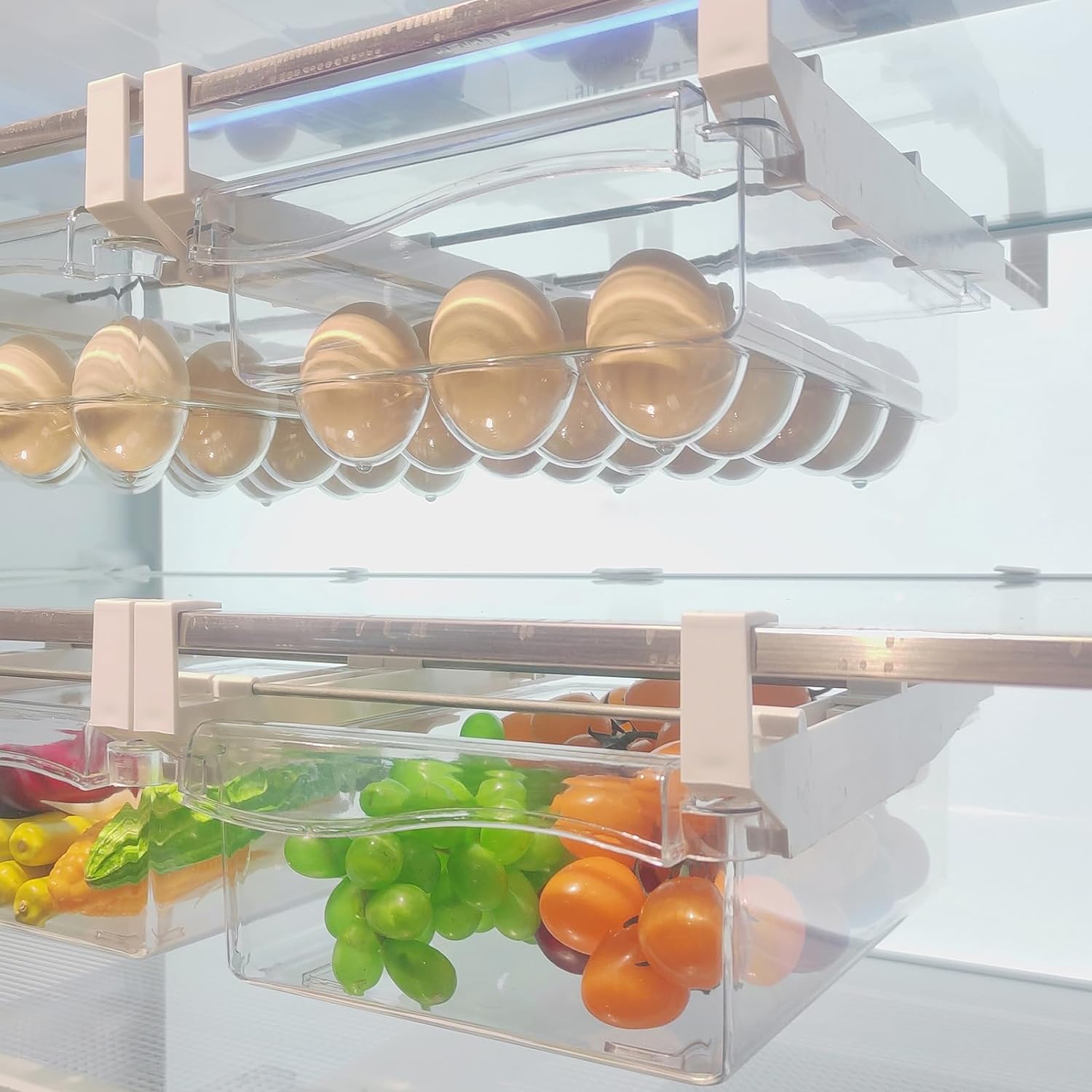 URALFA 2 Pack Fridge Drawer Organizer Egg Holder For Refrigerator Pull Out, Refrigerator Drawers for Fruit and Vegetable, Transparent Organization and Storage Box Fit for Fridge Shelf