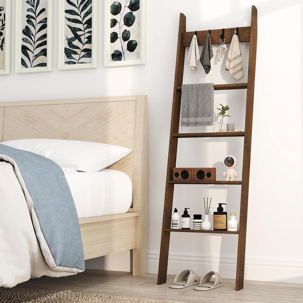 GOFLAME 5-Tier Blanket Ladder, 58.5” Bamboo Decorative Ladder Shelf with 4 Removable Hooks and 4 Deep Rungs, Wall Leaning Farmhouse Quilt Rack Holder for Living Room, Bedroom, Bathroom