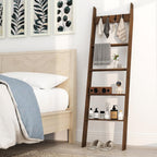 GOFLAME 5-Tier Blanket Ladder, 58.5” Bamboo Decorative Ladder Shelf with 4 Removable Hooks and 4 Deep Rungs, Wall Leaning Farmhouse Quilt Rack Holder for Living Room, Bedroom, Bathroom