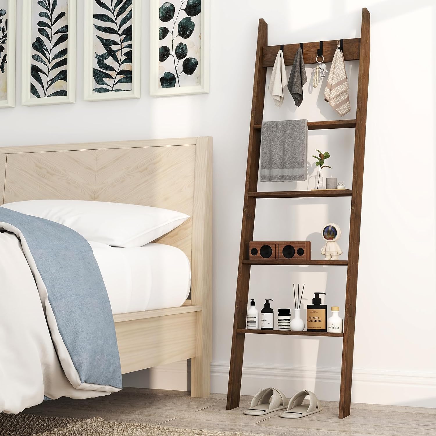 GOFLAME 5-Tier Blanket Ladder, 58.5” Bamboo Decorative Ladder Shelf with 4 Removable Hooks and 4 Deep Rungs, Wall Leaning Farmhouse Quilt Rack Holder for Living Room, Bedroom, Bathroom