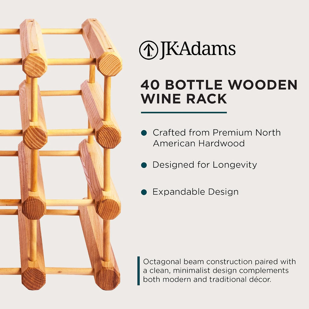J.K. Adams Ash Wood Modular Wine Rack, Stackable Storage Holder, 40 Bottles
