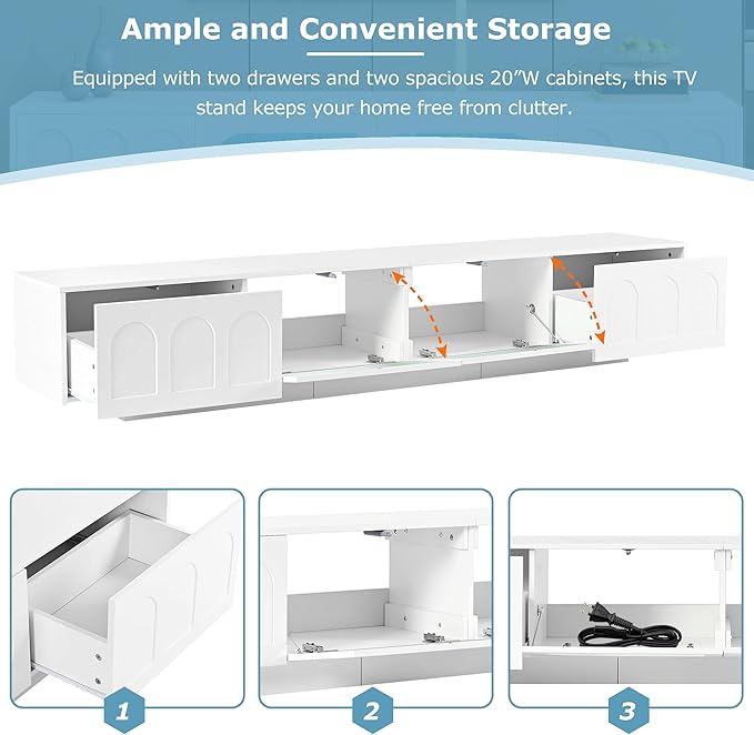 Ball & Cast Modern TV Stand with Fluted Tempered Glass Doors for TVs up to 95'', Entertainment Center w/Led Lights, Cabinets & 2 Drawers,Arched Door Design,Media Console for Living Room,White