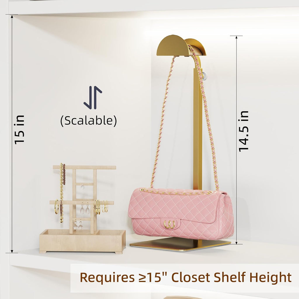 2 Pack Purse Display Stand, Purse Holder Handbag Display Stand Metallic Gold Purse Hanger Showing Bags, Purses, and Wreath, Adjustable Hook Stand for Tabletop, Closet, Desk, and Retail Use