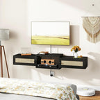 IBUYKE Modern Rattan Floating TV Stand with Doors,Wall Mounted TV Shelf for TVs up to 55 Inches,Media Console Entertainment Center for Under TV Storage Cabinet for Living Room Bedroom,Black UWST012B
