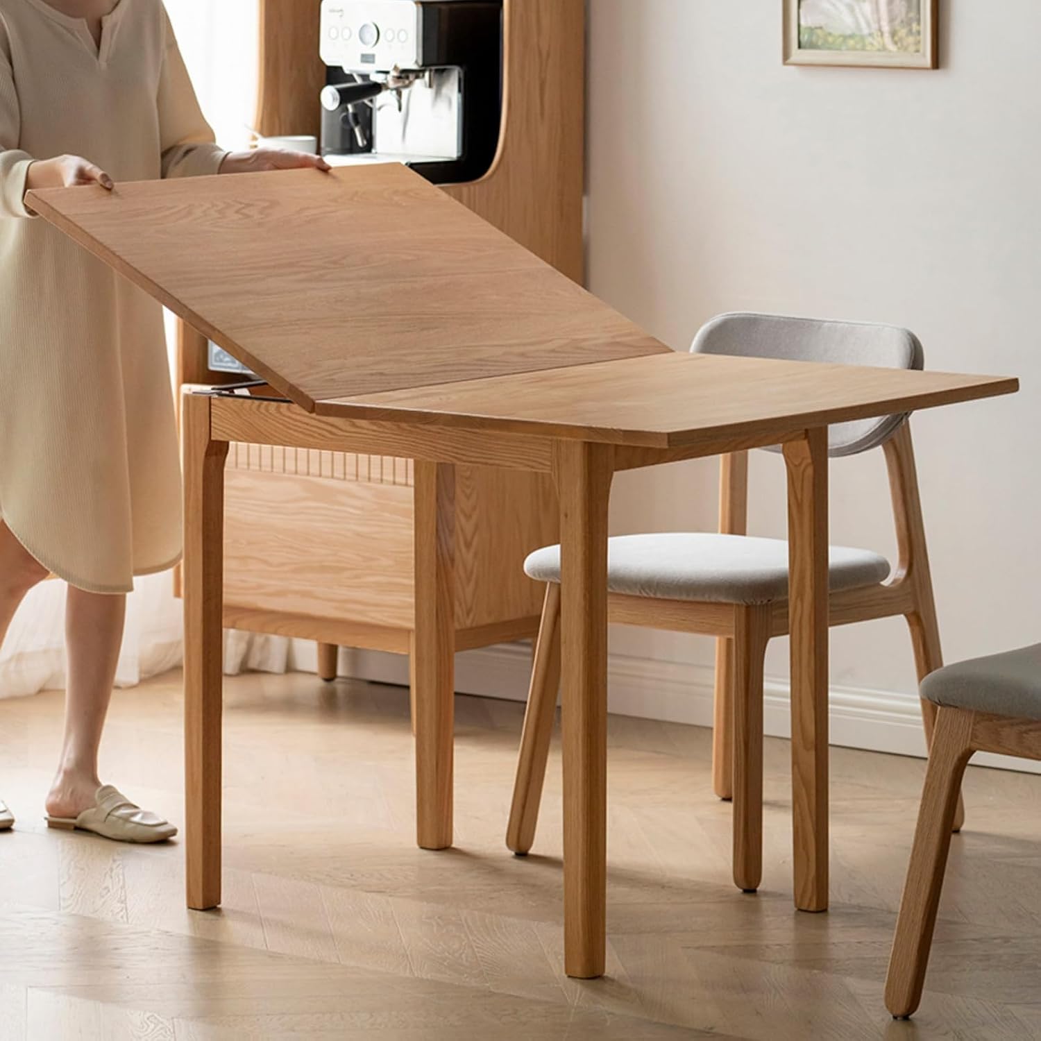 31"-47" Foldable Dining Table and Chairs Set for 4, Solid Wood Extendable Kitchen Table with Oak Wood Legs, Space-Saving Dinner Tables for Living Room, Kitchen (Original, 1table+4cushion chairs)