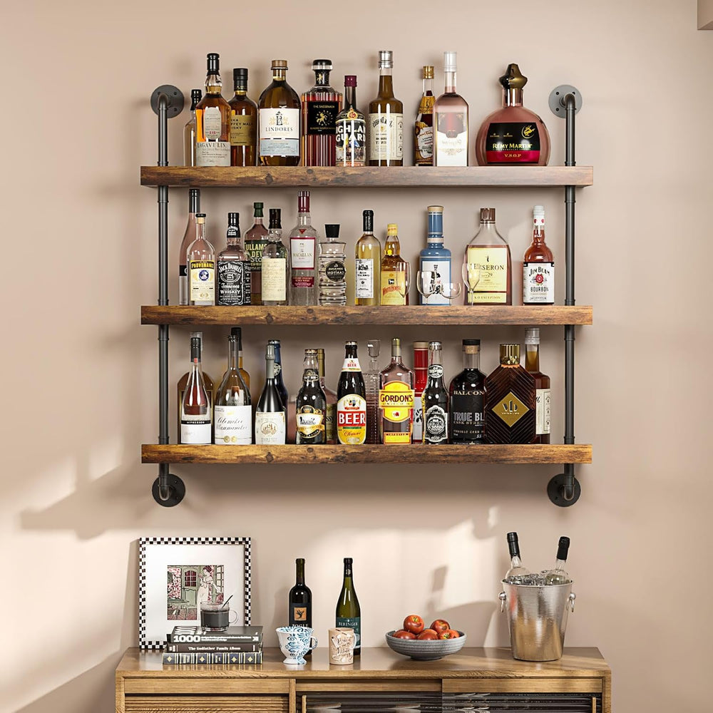 3-Tier Wall Mounted Wine Rack with LED | Liquor Bottles Floating Shelves Disp...