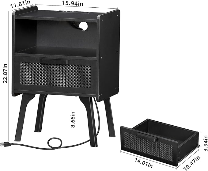 Lerliuo Rattan Nightstands Set of 2 with Charging Station, Boho Side Table wi...