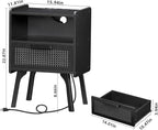 Lerliuo Rattan Nightstands Set of 2 with Charging Station, Boho Side Table with Drawer Open Shelf, Cane Accent Bedside End Table with Solid Wood Legs for Bedroom, Dorm and Small Spaces (Black)