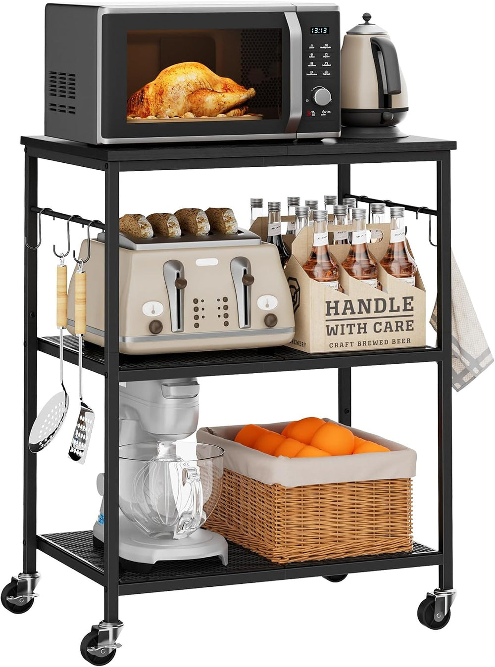 Homleke 3-Tier Rolling Kitchen Microwave Cart, Utility Cart | with Lockable W...