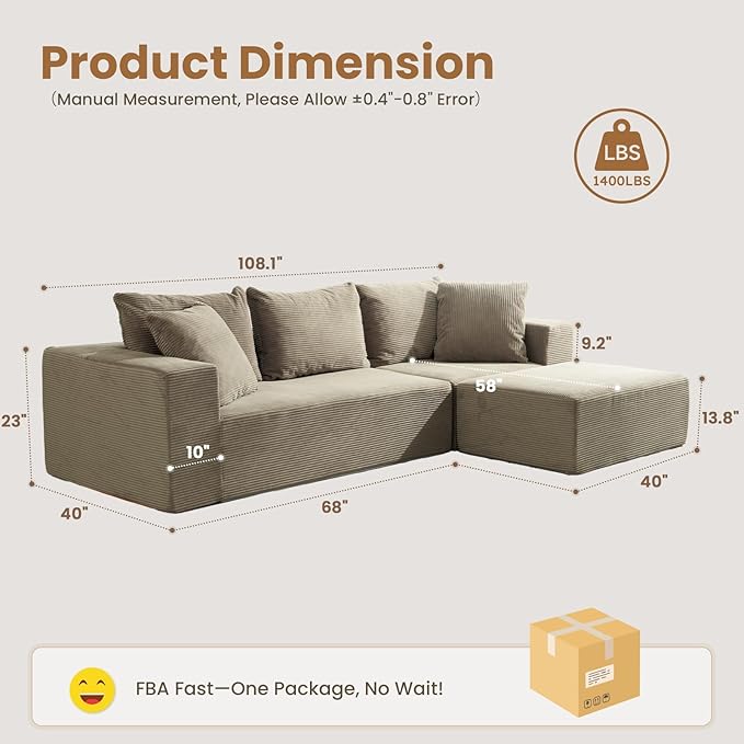 108" L-Shaped Boneless Couch, Modular Sectional Sofa with Moveable Ottoman, Corduroy Cloud Couches for Living Room, No Assembly, Ship in a Box, Camel