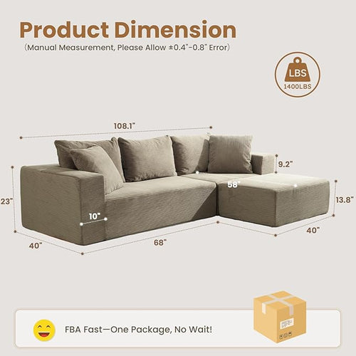 108" L-Shaped Boneless Couch, Modular Sectional Sofa with Moveable Ottoman, Corduroy Cloud Couches for Living Room, No Assembly, Ship in a Box, Camel