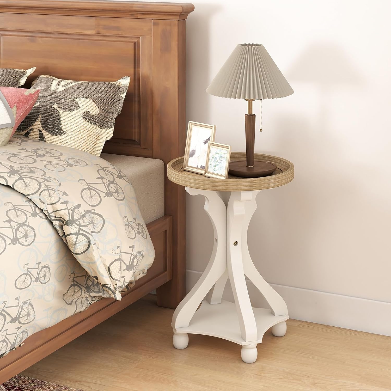 Accent Wood Farmhouse End Table, Round Side Tables, Nightstand Natural Tray Top and Distressed Carved Legs for Bedroom Living Room, White