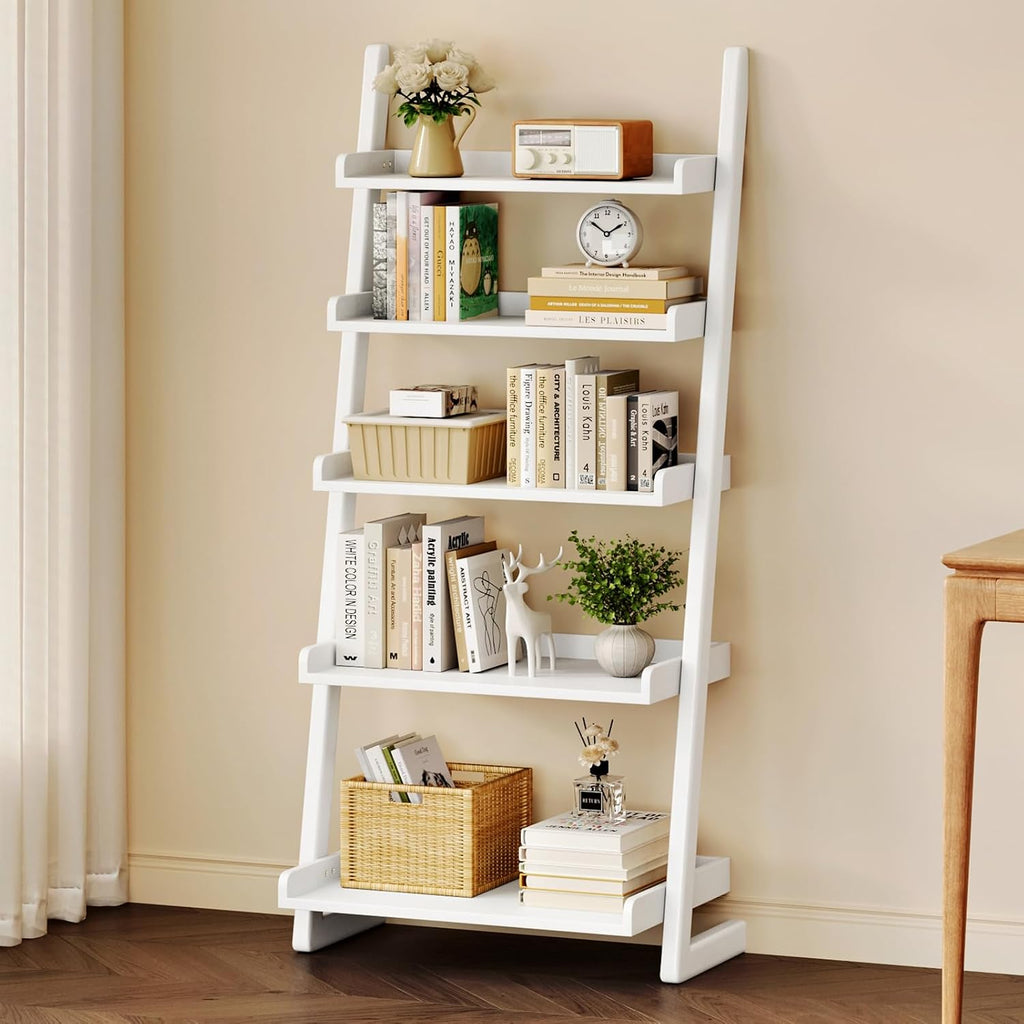 CozyDH Wooden Ladder Shelf, White Ladder Bookshelf Narrow 5-Tier,Ladder Shelf Bookcase Storage for Living Room, Bedroom, Home Office,23.6''Dx15.7''Wx55.1''H