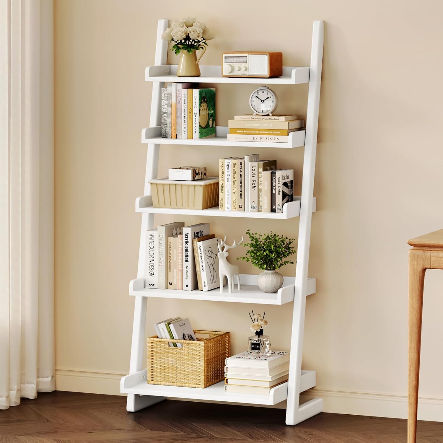 CozyDH Wooden Ladder Shelf, White Ladder Bookshelf Narrow 5-Tier,Ladder Shelf Bookcase Storage for Living Room, Bedroom, Home Office,23.6''Dx15.7''Wx55.1''H
