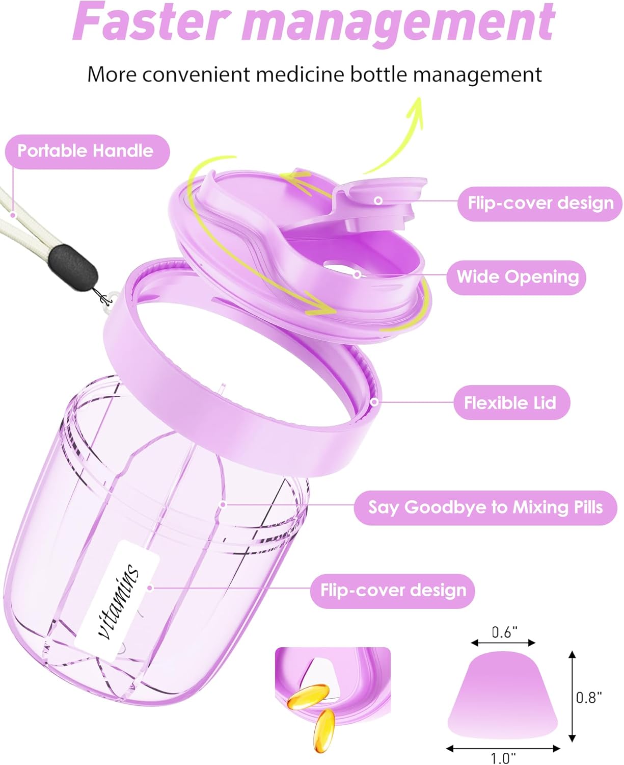Pill Organizer,Pill Dispenser with 7 Large Compartments,Portable Pill Box for Travel, Anti-Mix Design & Wide Opening Design, Easy Access to Vitamin Dispenser, Includes 20 Blank Stickers(Purple)