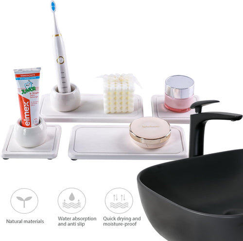 2 Pcs Water Absorbing Stone Trays, Kitchen/Bathroom Sink Soap Dish, Diatomite Tray Used for Hand Soap & Cosmetic Bottles in The Modern Home, 4" W x 8.3" L, White