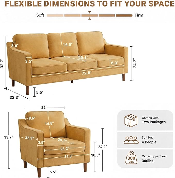 Kingfun Living Room Furniture Sets, 3 Seater Couch and Armchair, Mid Century Modern Sofa Set, Chenille Couch with Solid Wood Frame for Living Room & Bedroom, Yellow