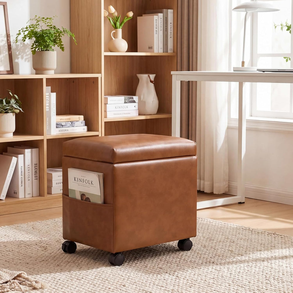 16" Faux Leather Storage Ottoman Foot Rest Stool with Wooden Tray, Foots...