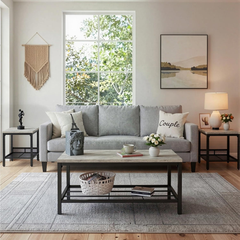 Coffee Table Set of 3,Industrial Coffee Table and 2 End Side Tables,Easy Asse...