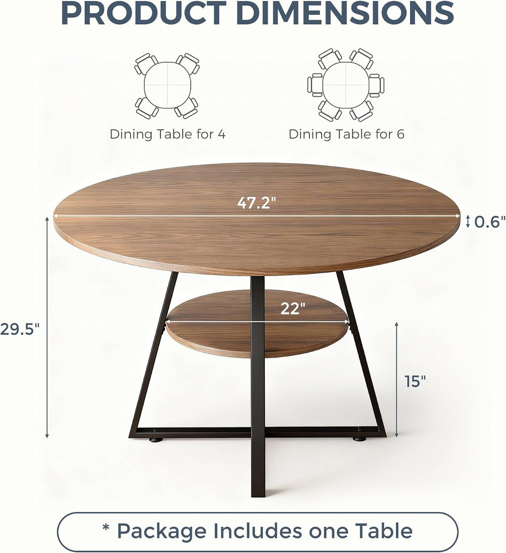 GOODONE 47.2 Inch Round Dining Table, Farmhouse Round Kitchen Table for 4, Circle Dinner Table with Wooden Top and Metal Base for Dining Room, Living Room, Kitchen (Brown)
