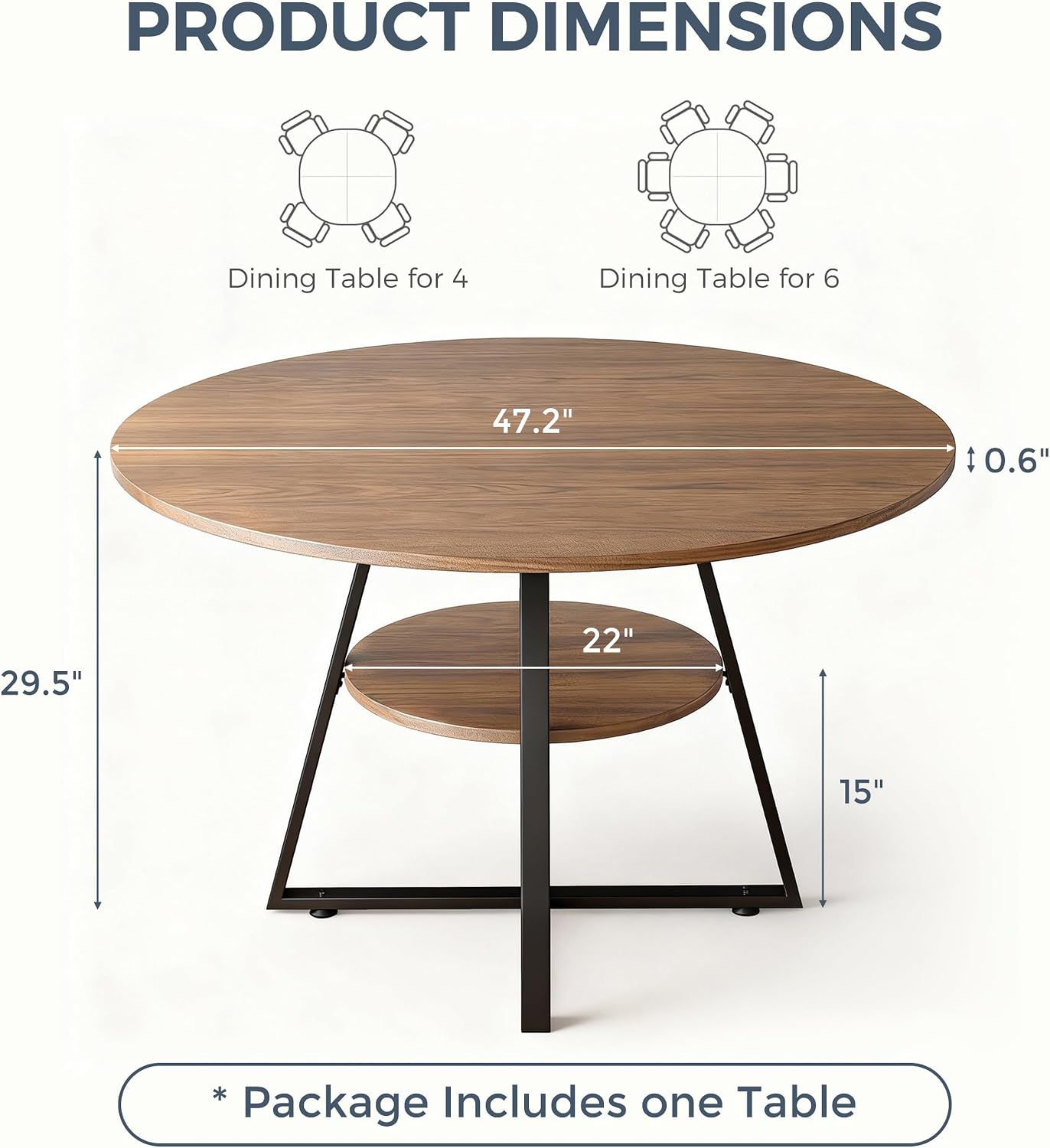 GOODONE 47.2 Inch Round Dining Table, Farmhouse Round Kitchen Table for 4, Circle Dinner Table with Wooden Top and Metal Base for Dining Room, Living Room, Kitchen (Brown)
