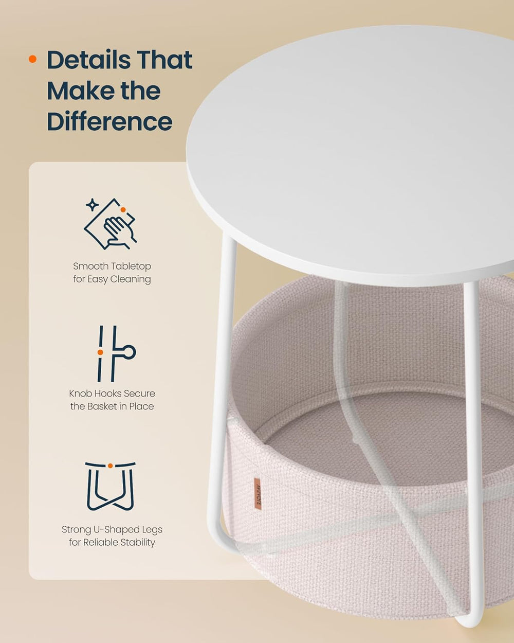 SONGMICS HOME Small Side Table, Round End Table, 2 Tier Nightstand with Baske...