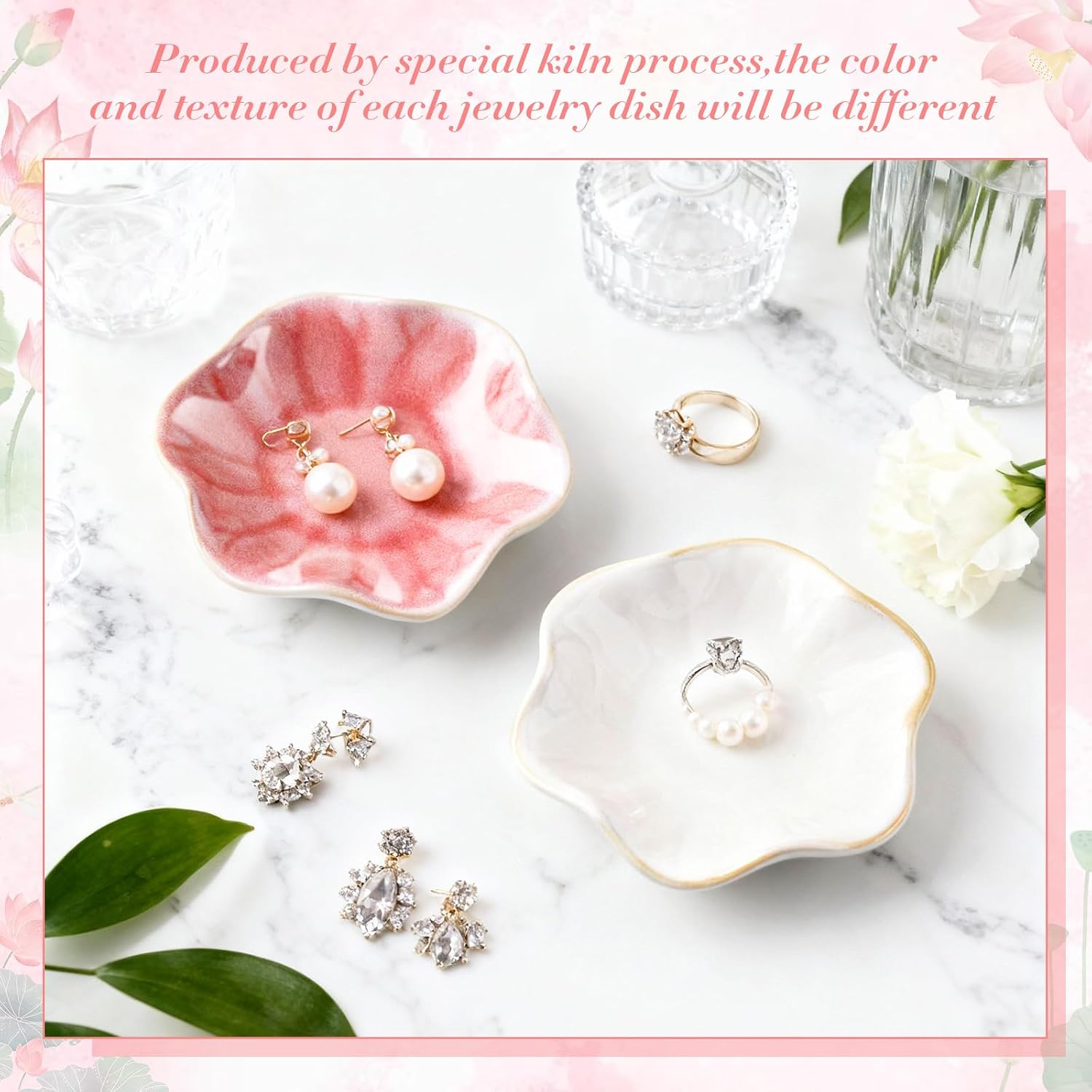 meekoo 2 Pcs Trinket Dishes for Jewelry Lotus Leaf Shape Ceramic Ring Holder Jewelry Tray Bowl Woman Gift for Mom Sister(Pink and White)