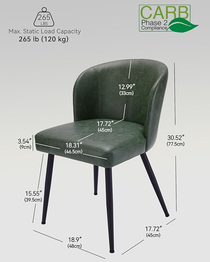 Dining Chairs Set of 2, Upholstered Kitchen Chairs with Faux Leather Cushion Seat and Metal Legs, Mid Century Modern Dining Room Chair for Kitchen, Living Room, Easy Assembly, Green