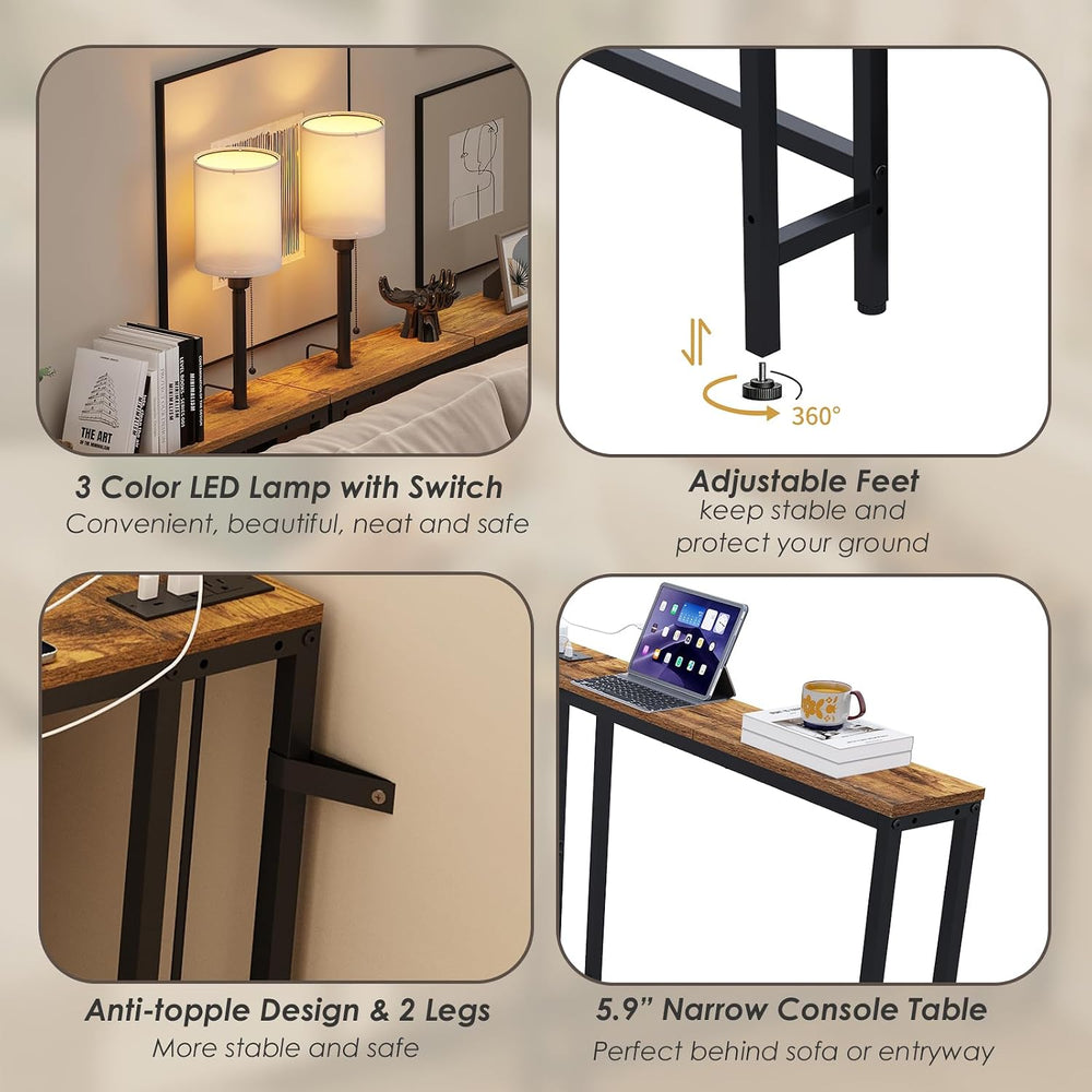 X-cosrack 78.8" Long Narrow Sofa Table with Outlet & LED Bulb, L Sha...