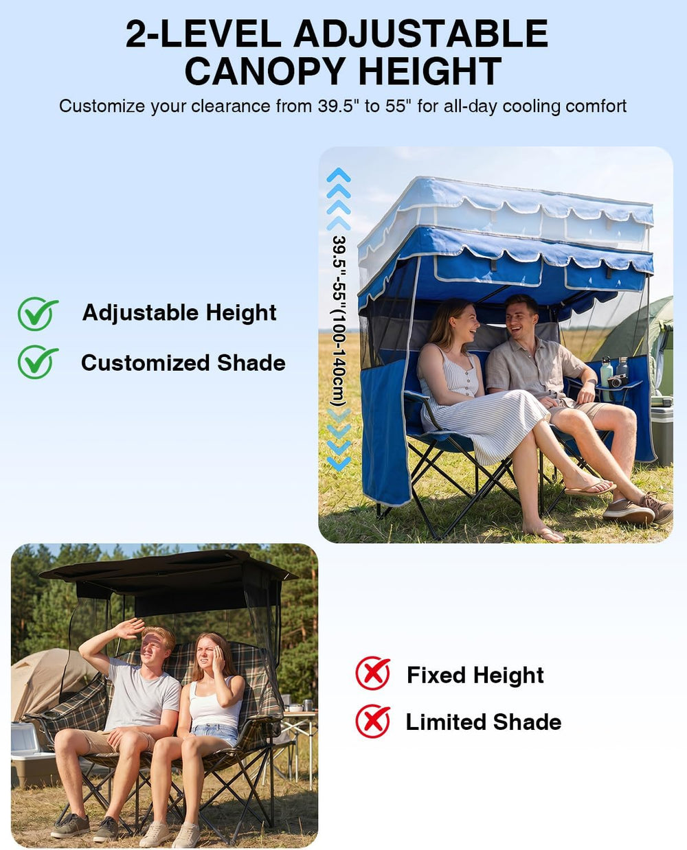 HOPERAN Double Camping Chair with Canopy, Heavy Duty 660lbs Double Beach Chai...