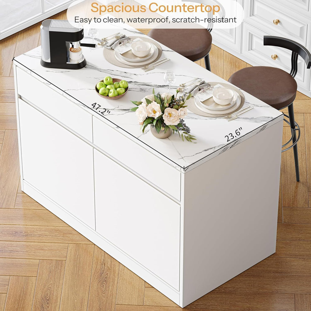 DynJest Kitchen Island with Storage, 47.2" Large Faux Marble Countertop ...