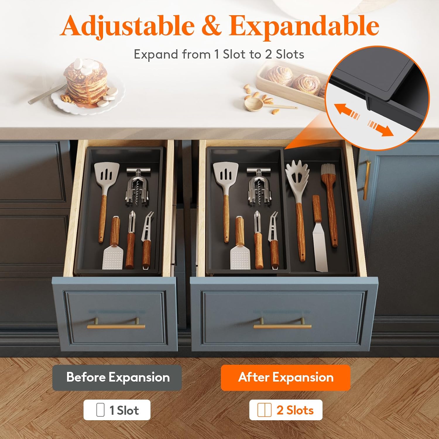 Lifewit Utensil Organizer for Kitchen Drawer, Expandable Cooking Silverware Tray, Adjustable Cutlery Flatware Holder, Plastic Spatula Tools Storage Divider, 12.9 x 16.1", Black