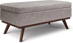 SIMPLIHOME Owen 42 inch Wide Mid Century Modern Rectangle Lift Top Large Coffee Table Storage Ottoman in Distressed Grey Vegan Faux Leather, Assembled, for the Living Room, Entryway and Family Room