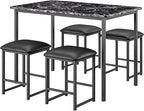 VECELO Kitchen Table and Chairs for 4, Dining Room Set with PU Chairs/Stools, Heavy-Duty Metal Frame, Faux Marble Tabletop, Space-Saving Design for Small Spaces, Easy Assembly, Elegant Black
