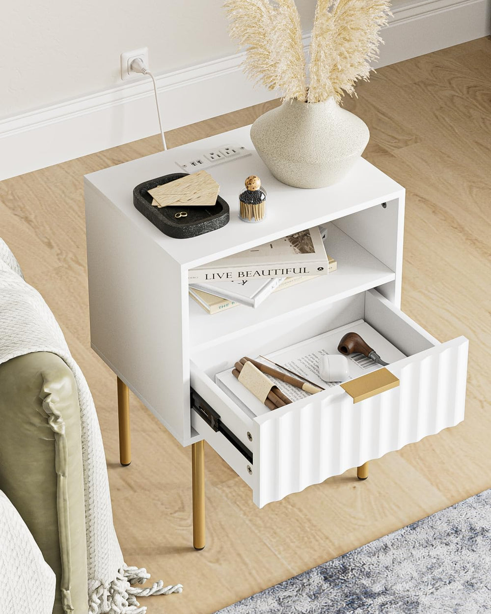 Masupu Nightstand with Charging Station,Mid-Century Modern Bedside Table with...