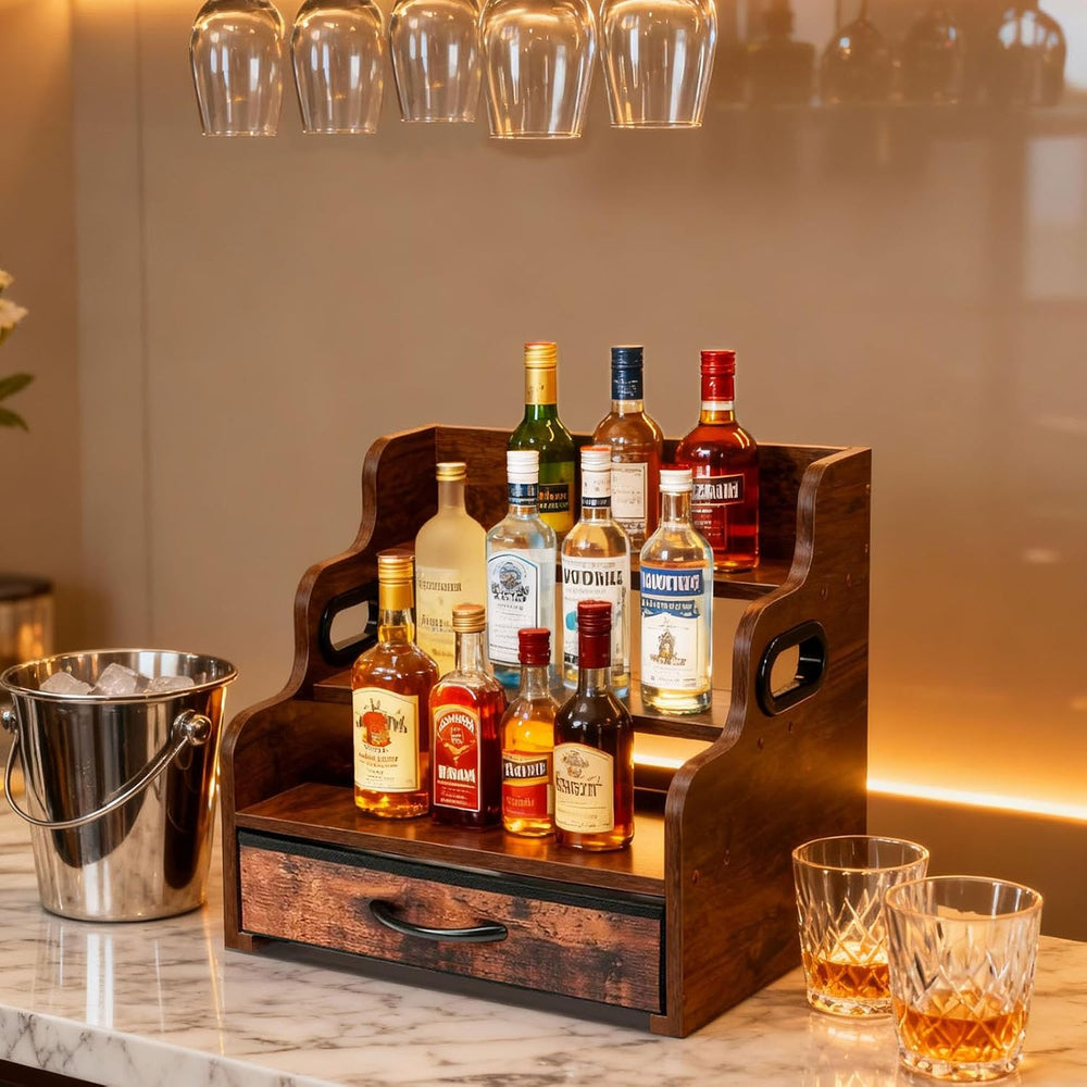 Liquor Bottle Display Shelf 3 Floors with Drawers | Countertop Wine Rack, Acc...