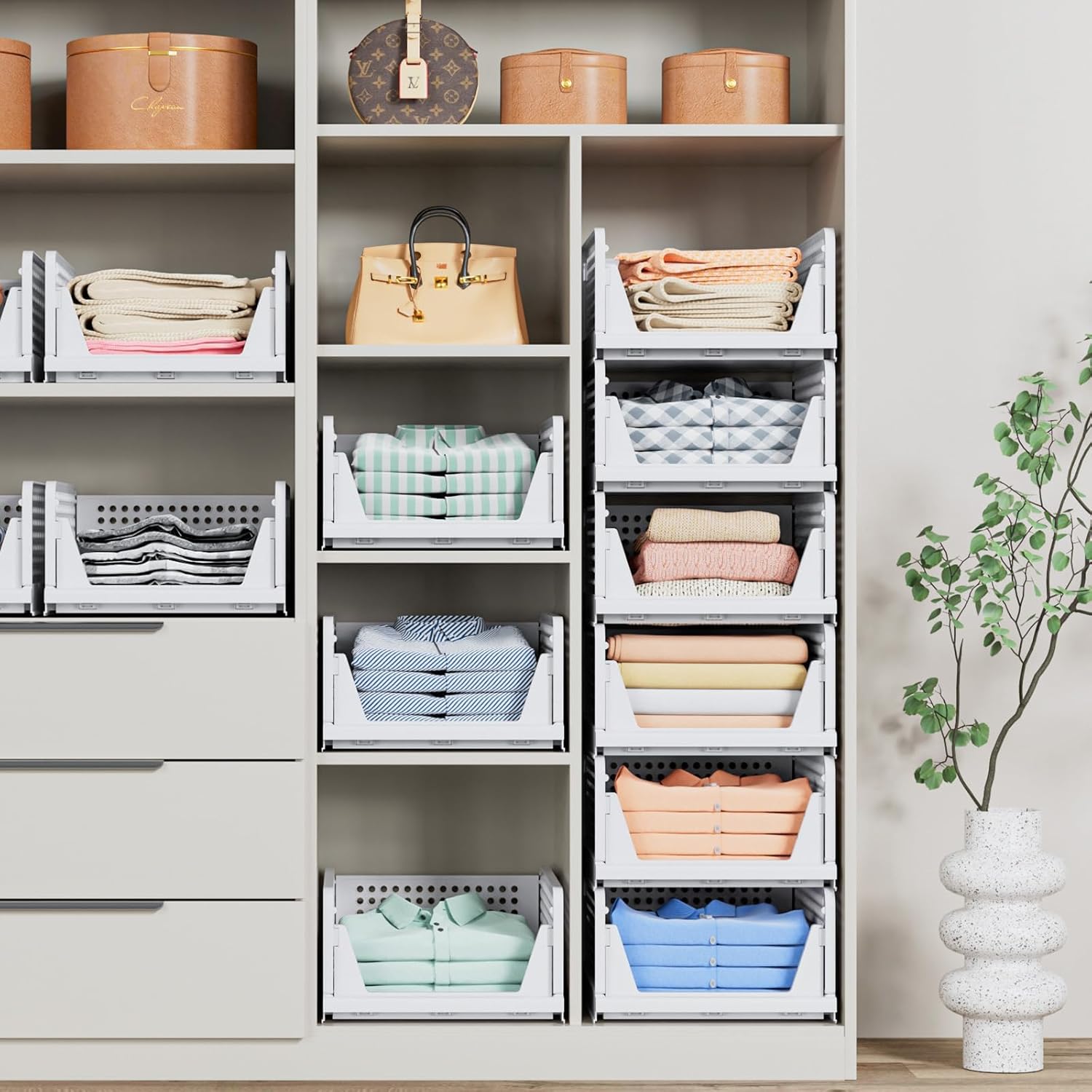 5 Pack Stackable Closet Storage Basket - Stackable Storage Bins, Multifunctional & Foldable Closet Organizer Waterproof, Wardrobe Cupboard Space-Saving Hat Storage Drawer Organizer, White