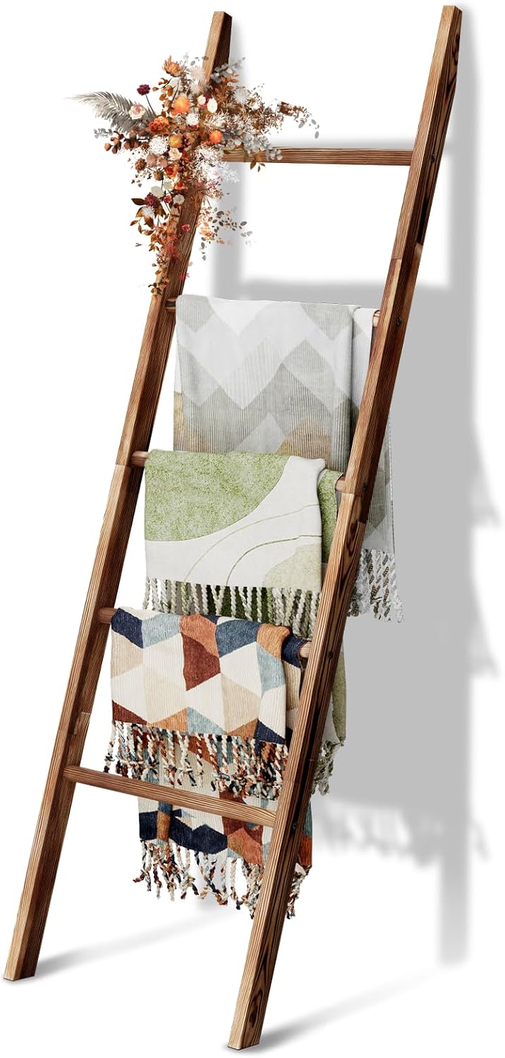 5-Tier Blanket Ladder Wooden, 5.3FT(63'') Blanket Quilt Holder Rack D...
