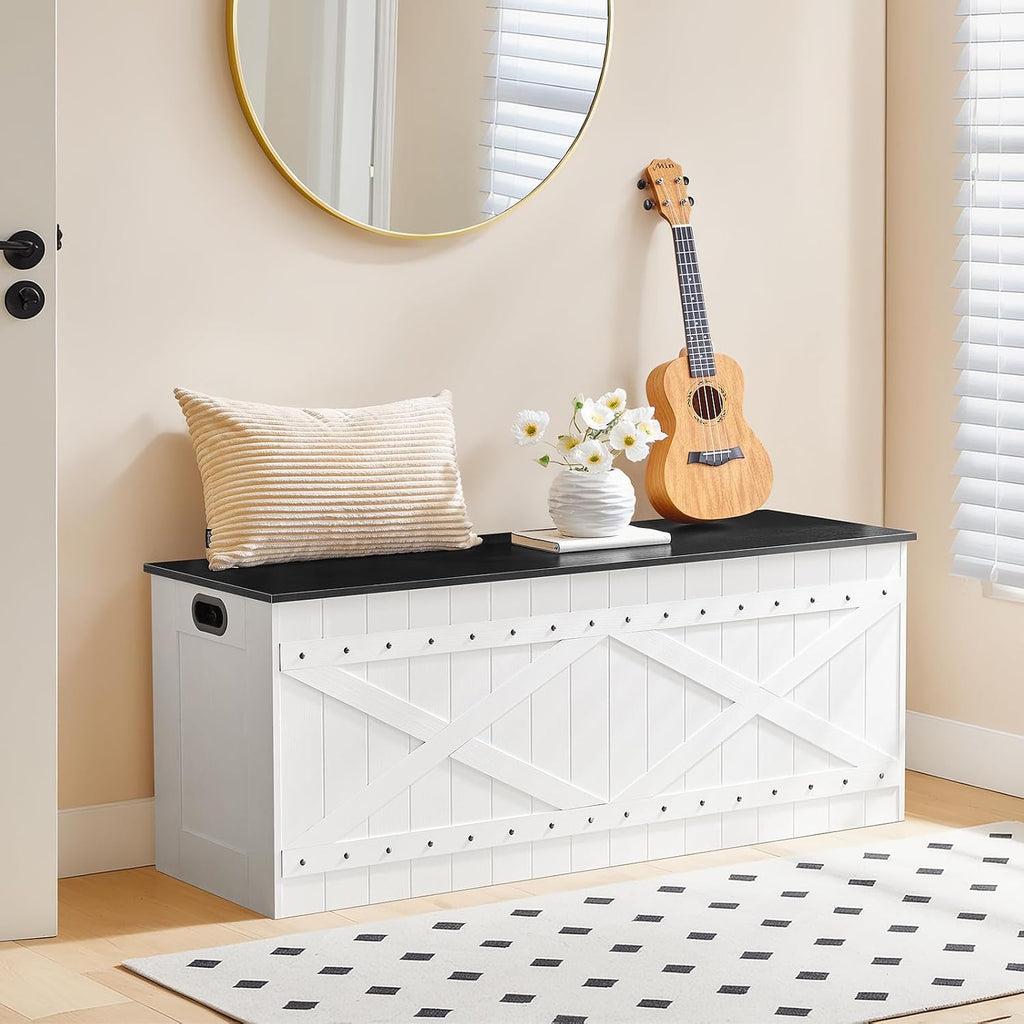 MAHANCRIS 47.2" Storage Chest, Extra Large Toy Box with 2 Safety Hinges, Wooden Toy Chest, Storage Bench with Rivets, Storage Trunk for Bedroom, Living Room, Entryway, White and Black SCBB18501