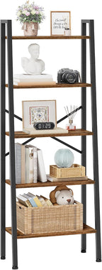 Hoctieon Industrial Ladder Bookshelf, Multifunctional Ladder Shelf, 5-Tier Tall Bookshelf, Open Ladder Shelf Bookcase, for Living Room, Home Office, Kitchen, Bedroom, Metal Frame, Rustic Brown
