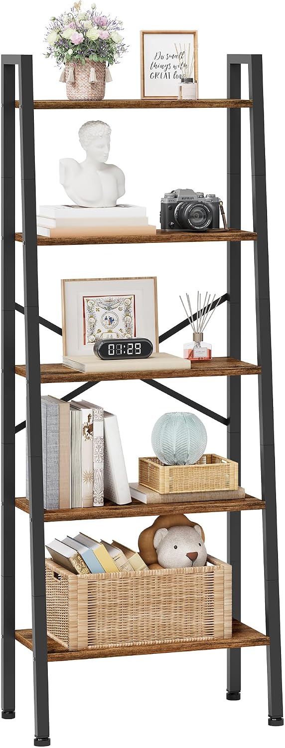 Hoctieon Industrial Ladder Bookshelf, Multifunctional Ladder Shelf, 5-Tier Tall Bookshelf, Open Ladder Shelf Bookcase, for Living Room, Home Office, Kitchen, Bedroom, Metal Frame, Rustic Brown