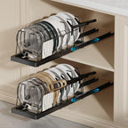 2 Pack Pots and Pans Organizer Under Cabinet, 22" Deep Expandable Pull Out Pot Lid Organizer and Storage with 10 Adjustable Dividers No Drill Pot and Pan Holder Rack with Handle Bracket(Black)
