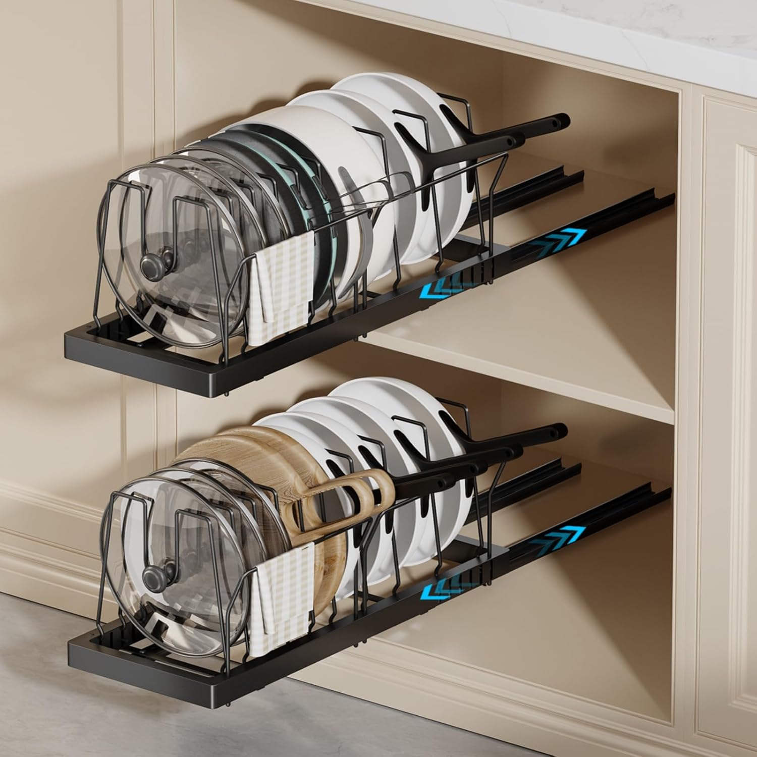 2 Pack Pots and Pans Organizer Under Cabinet, 22" Deep Expandable Pull Out Pot Lid Organizer and Storage with 10 Adjustable Dividers No Drill Pot and Pan Holder Rack with Handle Bracket(Black)