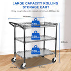 YNN Black Utility Rolling Cart,990Lbs 3 Tier Heavy Duty Metal Cart with Wheels & Handle NSF Wheeled Cart 31" D x 18" W x 33" H for Bedroom, Bathroom, Kitchen,Garden,Decor,Serving