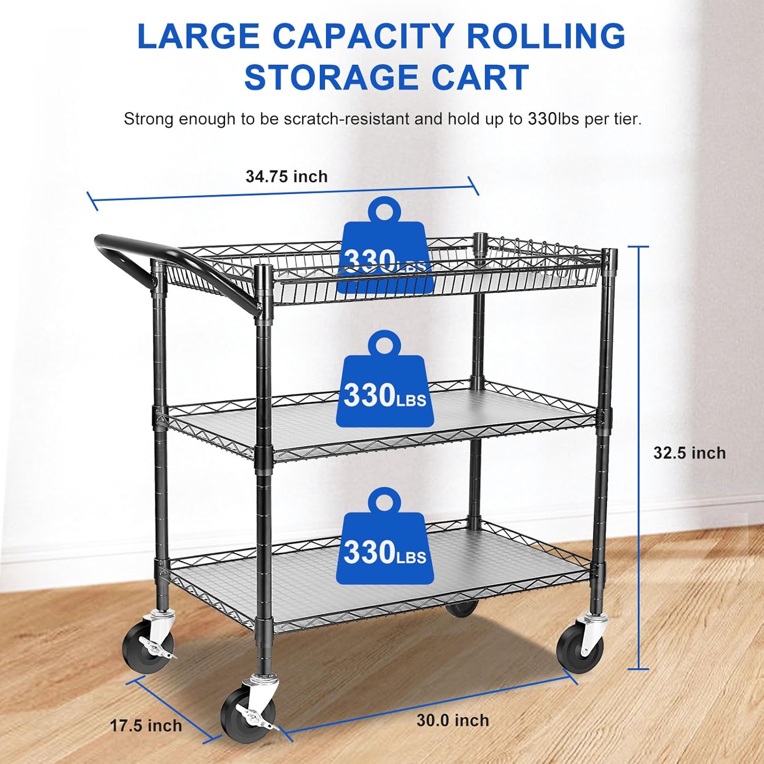 YNN Black Utility Rolling Cart,990Lbs 3 Tier Heavy Duty Metal Cart with Wheels & Handle NSF Wheeled Cart 31" D x 18" W x 33" H for Bedroom, Bathroom, Kitchen,Garden,Decor,Serving